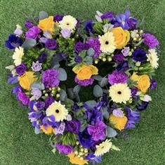 Loose open heart tribute in purple and yellow