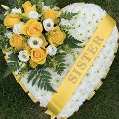 Massed heart in yellows with personalised ribbon